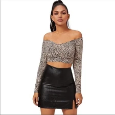 SHEIN Tan Cream Black Leopard Print off The Shoulders Crop Top Size Medium