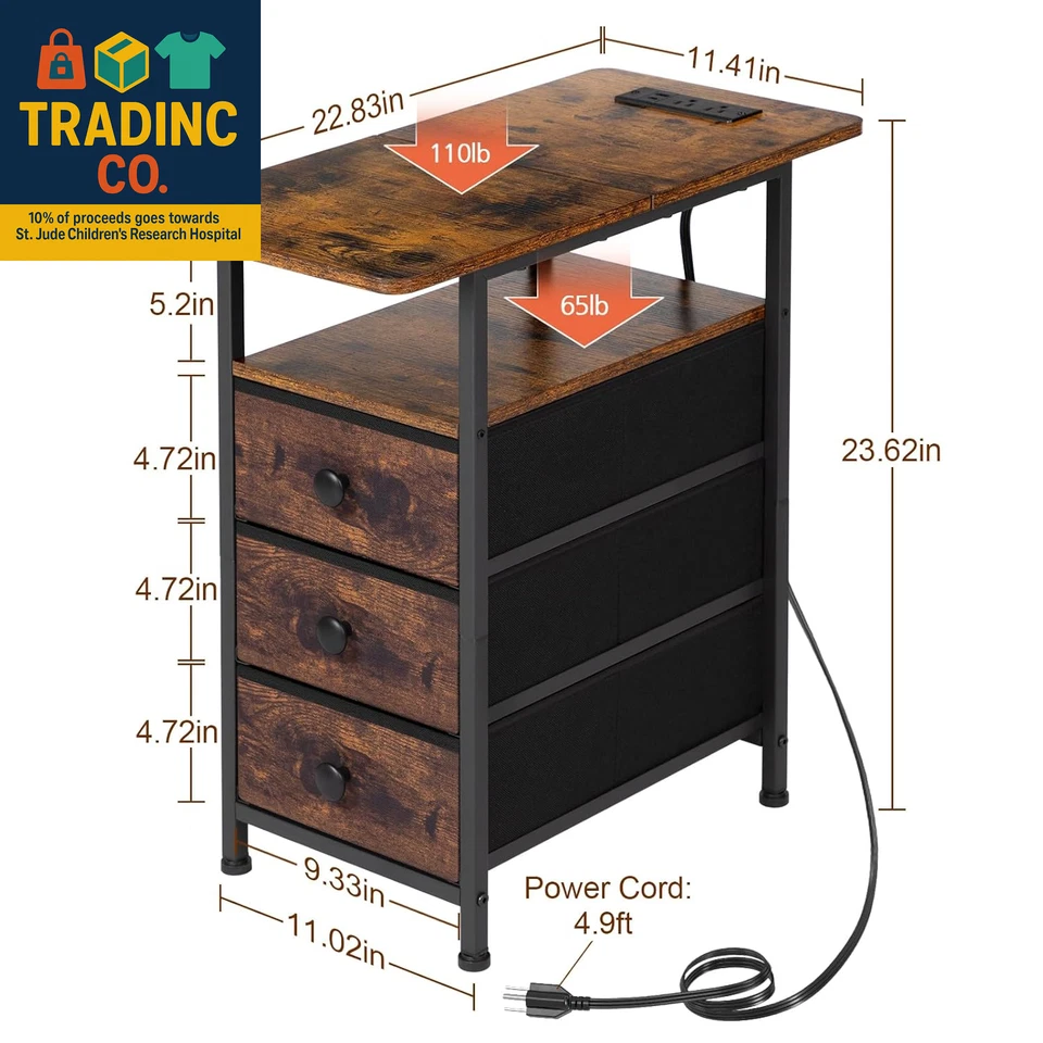 End Tables Living Room with Charging Station, Narrow Side Table with USB Ports a - Image 3 of 4