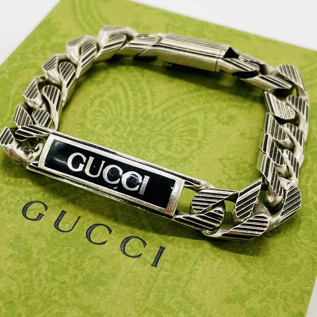 Autentico Bracciale Gucci Smaltato Logo Placca Argento 925 Misura 17 Casual