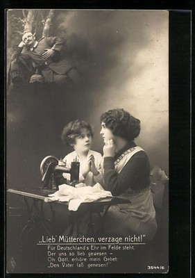 Postcard dear mother, do not despair!, mother and child at the sewing machine commemorate 