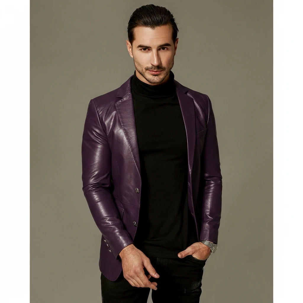 Men's Purple Leather Blazer Genuine Lambskin Two Button Coat Real Blazer