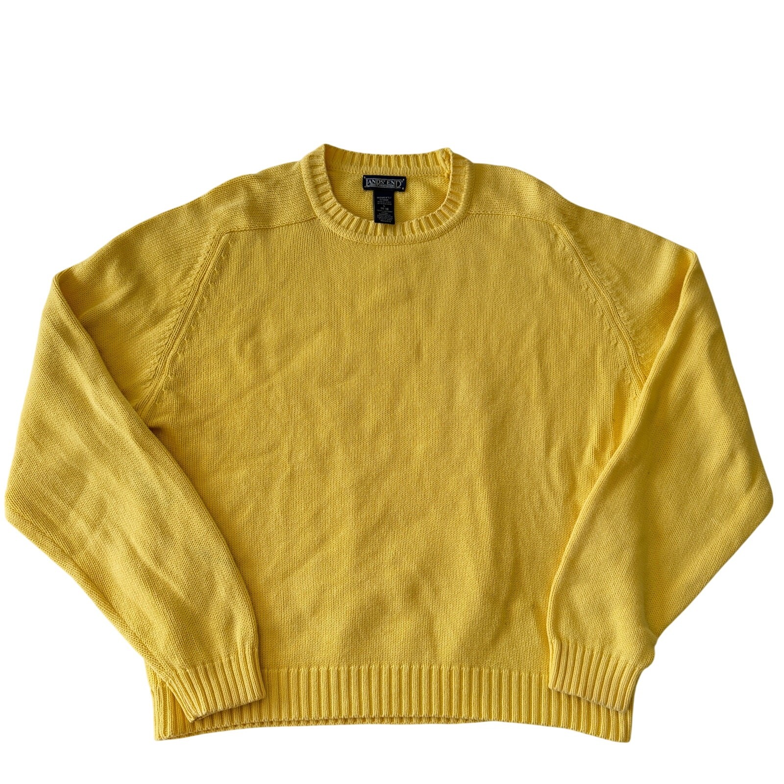 Vintage Land's End Sweater Womens L 14-16 Yellow USA Cotton Chunky Knit 90s