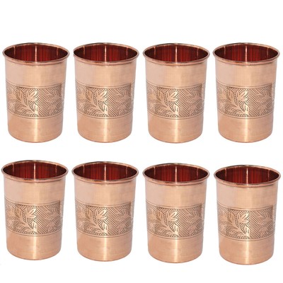 100% Pure Copper Water Drinking Glass Flower Design For Health Benefits 8 Pc Set