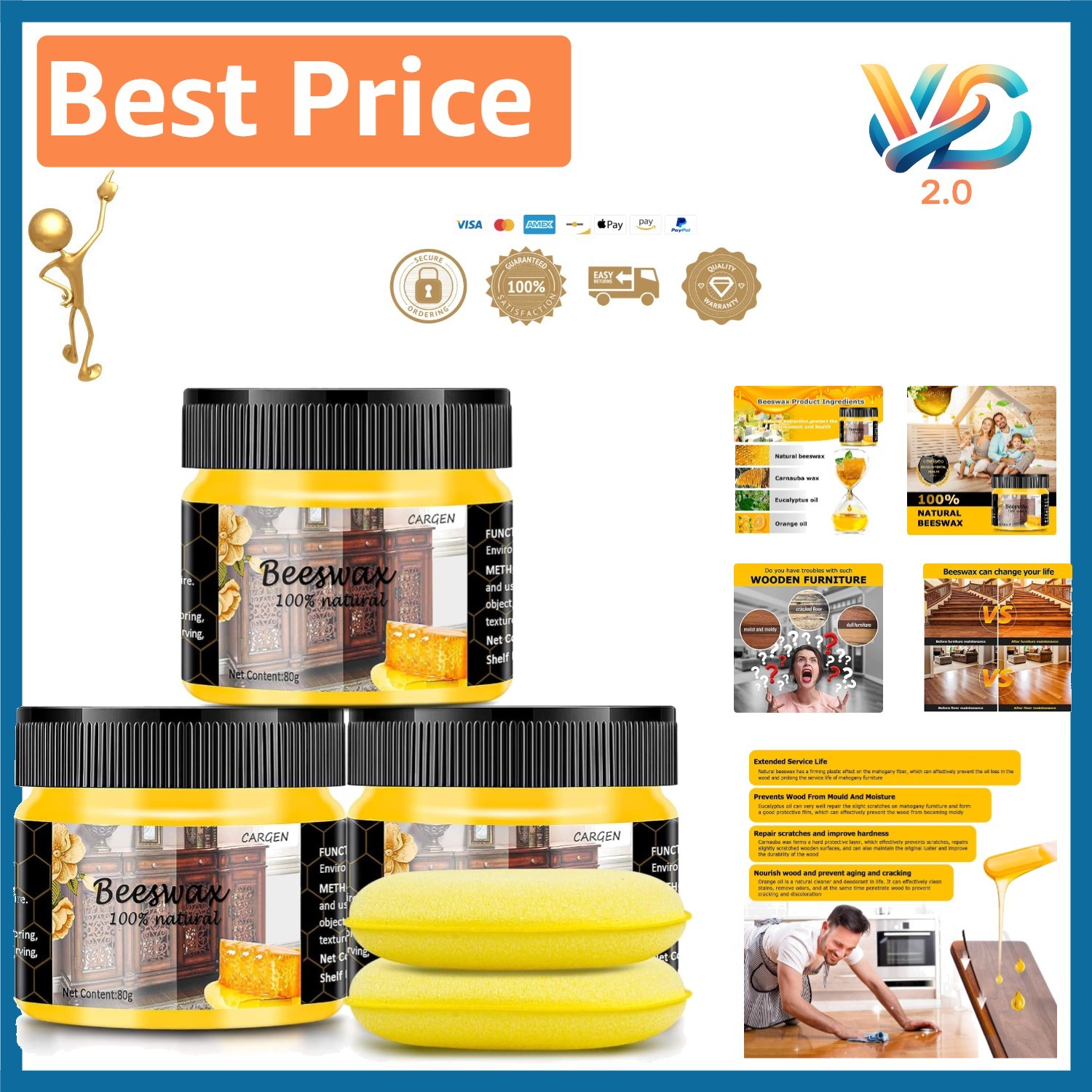 Natural Beeswax Furniture Polish 3 Pack for Wood Restoration
