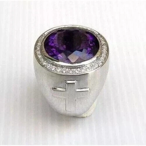 Anillo de alfil cruzado para hombre enchapado en oro blanco de 14 quilates amatista simulada corte ovalado de 5 quilates Foto 4 de 4