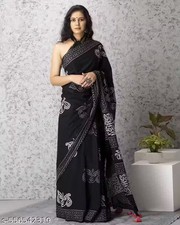 Ready to Wear Black Color Cotton Saree For Women Sari With Unstitched Blouse Gif