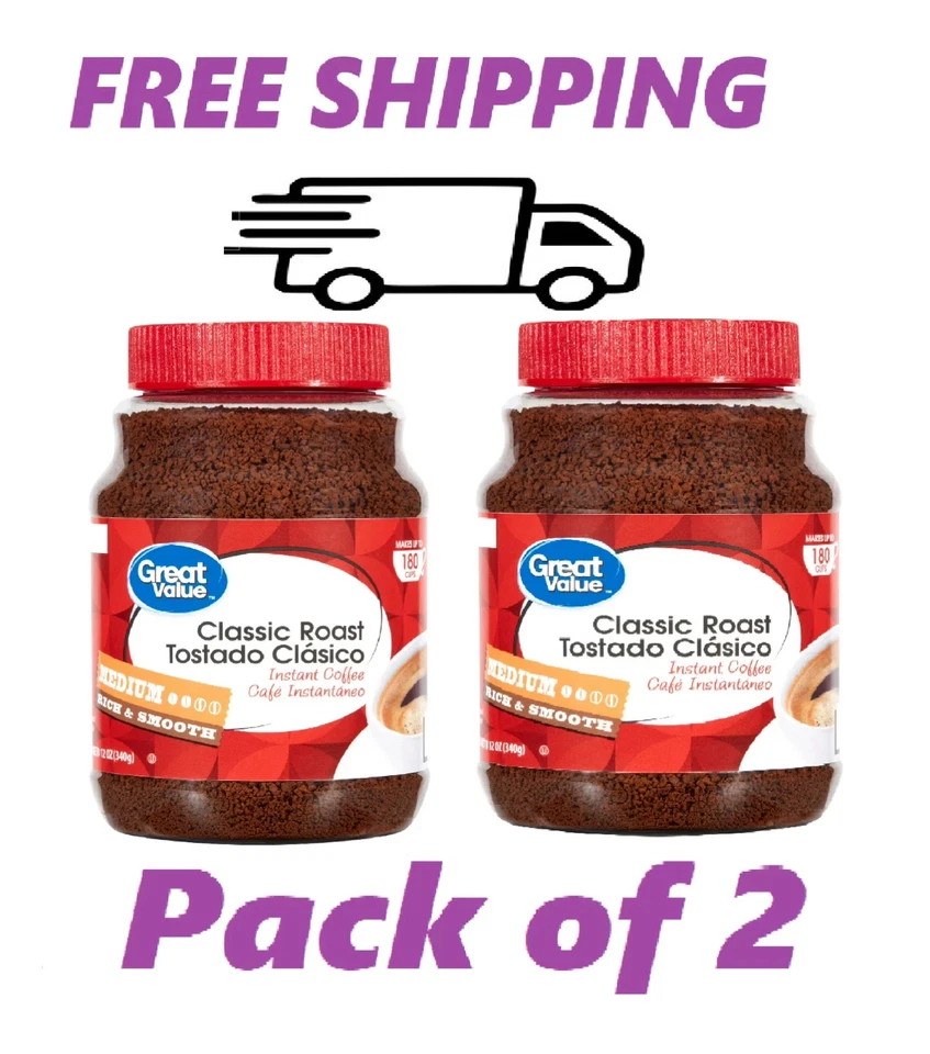 (PACK OF 2) Great Value Classic Medium Roast Instant Coffee, 12 oz