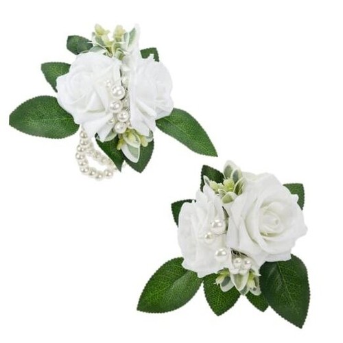 White Corsage and Boutonniere Set,Set 1 Boutonniere & 1 Wrist Corsage White~2