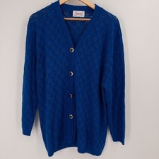 Vintage 80s Blue Open Knit Cardigan Sweater Gold Button Laura by Alyzia USA