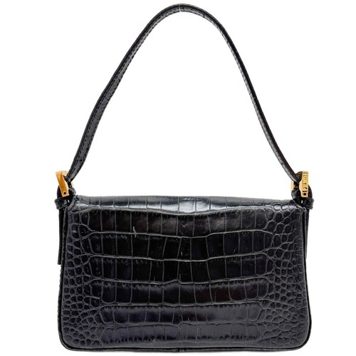 FENDI Mini Baguette Black Crocodile Embossed Leather Hand Bag