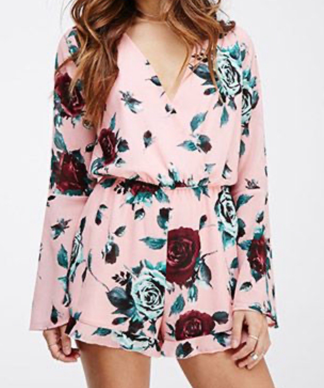 Forever 21 Floral Print Shorts Romper Womens Size Small Pink & Green V Neck