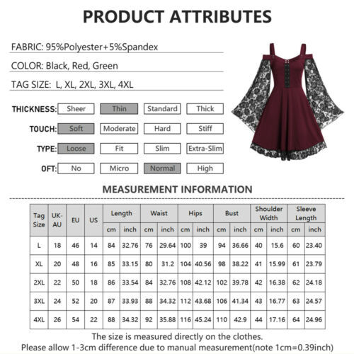 Plus Size Women Victorian Gothic Mini Dress Cold Shoulder Lace Up Tops UK 18-26 - Picture 3 of 18