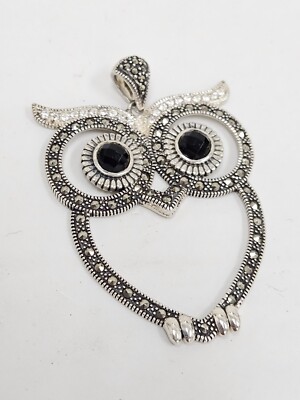 Lavish By TJM Sterling Silver 925 Large Owl Marcasite & Onyx Pendant 