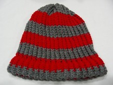 RED GRAY - HAND KNITTED - YOUTH SIZE STOCKING CAP BEANIE HAT