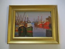 VINTAGE CONTEMPORARY OIL PAINTING MYSTERY ARTIST BOAT SHIP DOCK MARINA BEACH ART