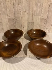 Set of 4 Vintage Vermillion Real Walnut Wood Bowls 6" Mid Century Modern