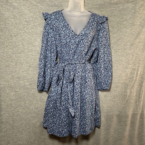 J. Crew Dress Women XL Blue Cottagecore Floral Ruffle Trim Midi Long Sleeve Tie