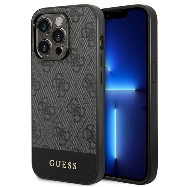 Phone Case IPHONE 14 Pro Guess Faux Leather Grey Pattern Logo Golden-image