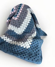 Handmade Crochet Small Knit Blanket Throw Blue’s, Lilac & Pink 34x34 Inches 