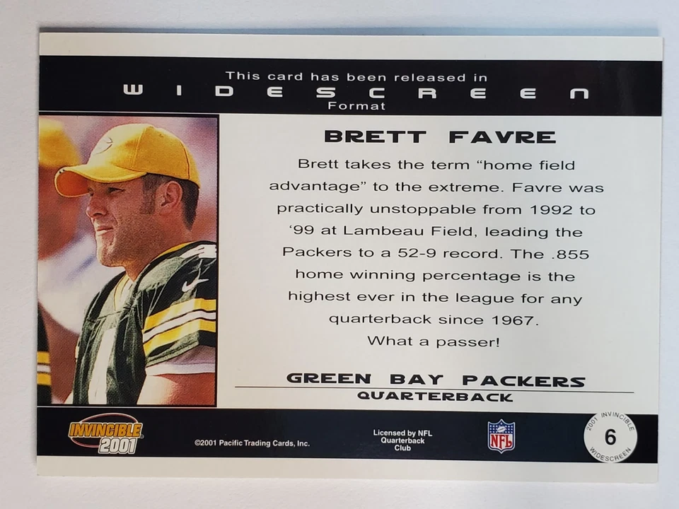 2001 Pacific Invincible Widescreen #6 Brett Favre ~ Green Bay Packers #D/2500 - Image 2 of 3