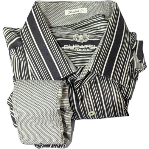 Bugatchi Flip Cuff Shirt Mens Large Shaped Fit Barcode Black Striped Uomo - Picture 1 of 11