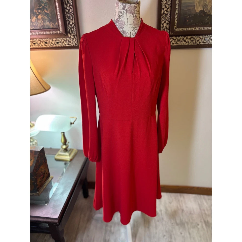 Vintage Aggy London US 10 Red Dress Long Sleeve Mock Neck Christmas Cocktail - Image 2 of 4