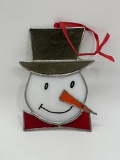 Vintage Christmas Snowman Head White Stained Glass Sun Catcher Holiday Ornament