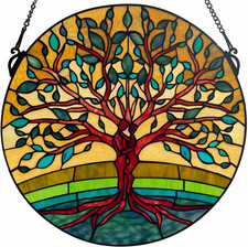 W13003 Tree of Life Tiffany Style Stained Glass Window Panel with Lovers Tree...