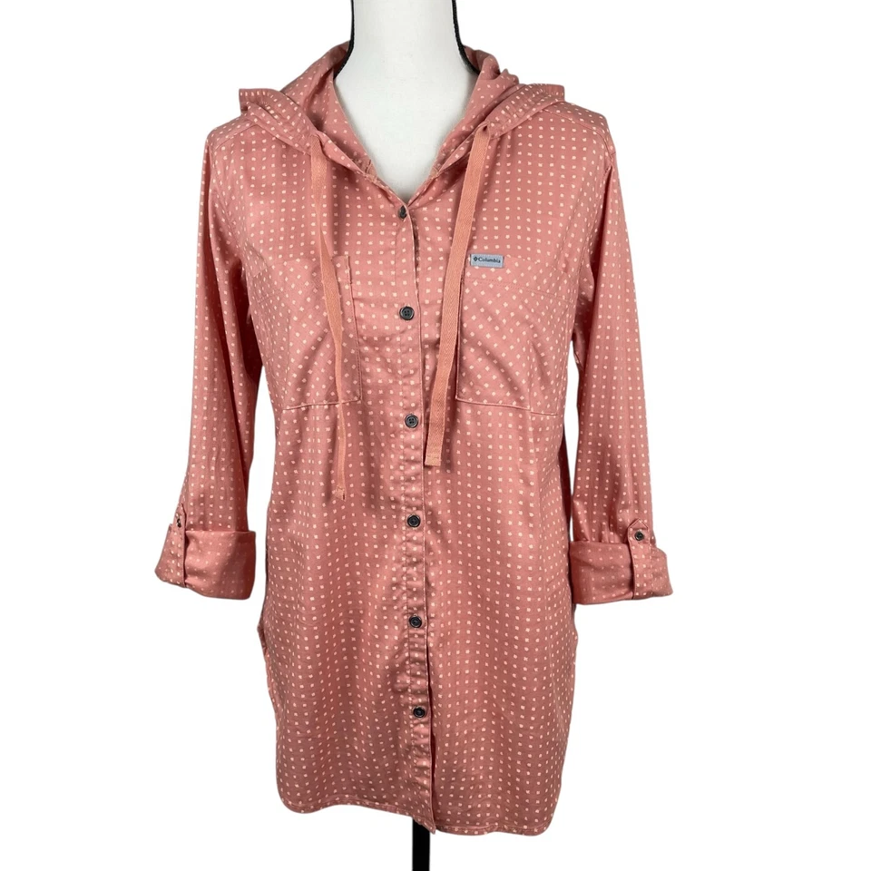 Женская рубашка Columbia средний размер коралл персиковый с капюшоном рулон вкладка рукав в горошек топ - Изображение 2 из 4