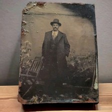 1800s Civil War Era Photo Man in Garden in Suit antique TinType