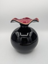 MCM Vintage Handblown Art Glass Black Vase w/ Red Casing Wave Ruffle Rim