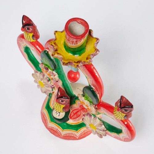 Mexican Folk Art Pottery Tree of Life Red Ceramic Owls Candlestick Candle Holder - Picture 3 of 7