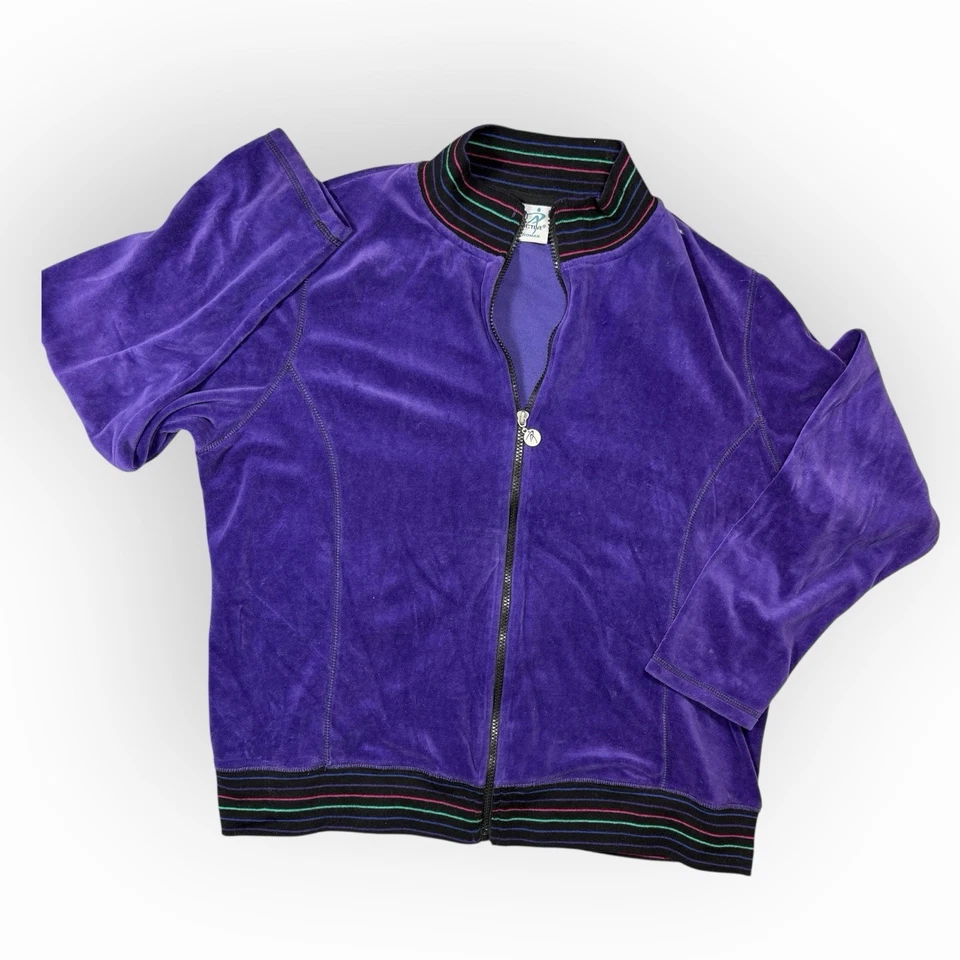 Chaqueta deportiva IActive Velour para mujer 2X púrpura negro cuello puños rayas Y2K Foto 2 de 4