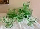 VINTAGE GREEN DEPRESSION GLASS, 23 PIECES, SERVICE FOR 6, + EXTRA PIECES