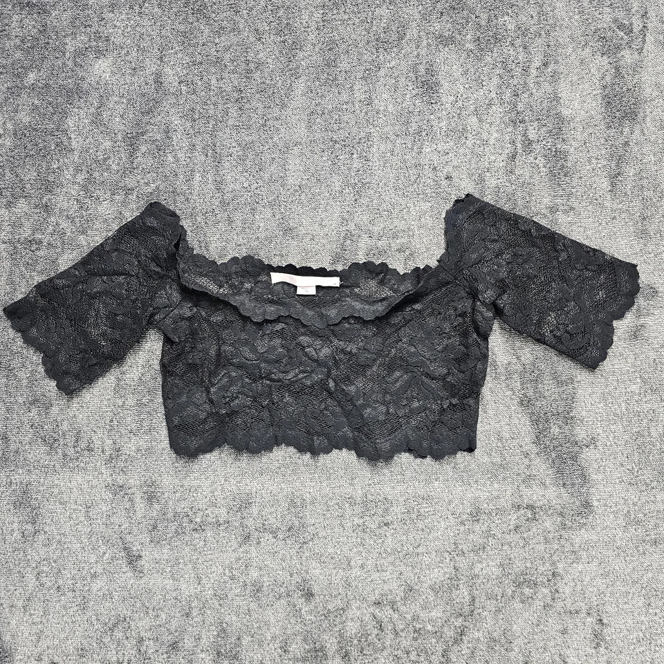 Top corto vintage Y2K Victoria's Secret con hombros descubiertos negro de encaje transparente XS hecho en EE. UU. Foto 2 de 4
