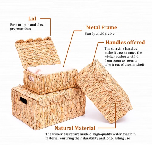 Scalloped Wicker Basket with Lid, Rectangle Wicker Storage with Built-in Handles - Picture 5 of 6