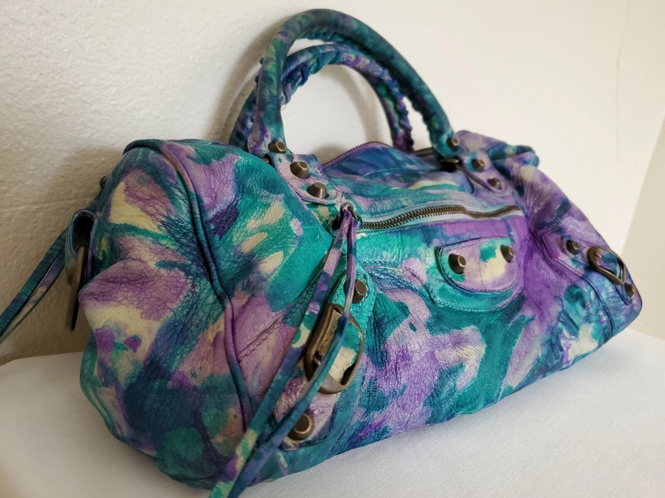 Balenciaga Corbata Teñida Graffiti Gigante Bolso Ciudad Verde Denim Azul Morado Twiggy Blanco Foto 3 de 4