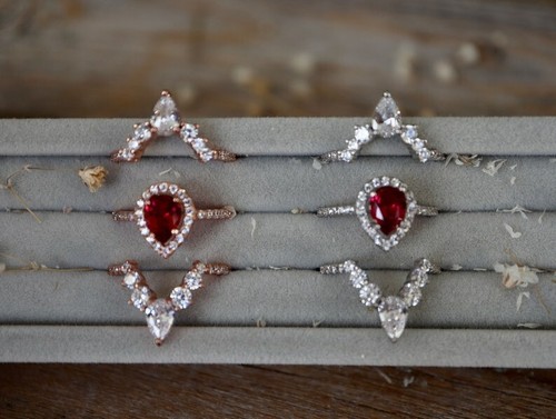 Exquisite Pear Cut Lab Created Ruby Rose Gold Plated on Silver Art Deco Ring Set - Picture 3 of 7