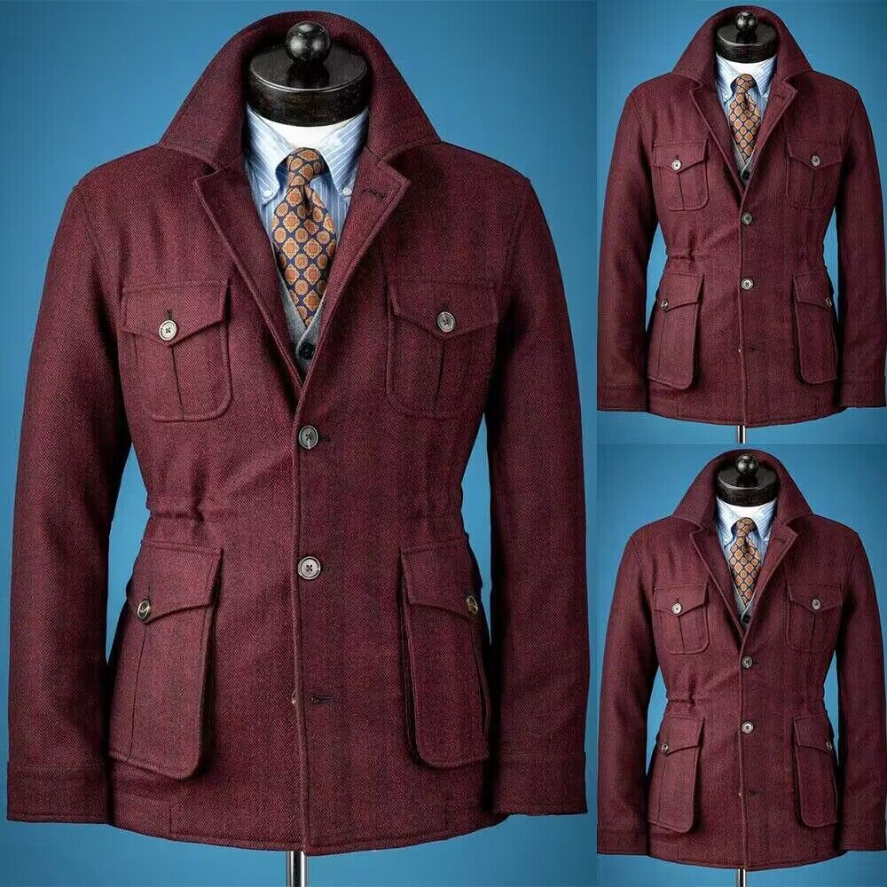 Burgundy Red Tweed Safari Jacket With Pocket Notch Lapel