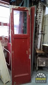 Salvaged Vintage Fire Door or Sidelight, Chicken Wire Glass, Red! 22" x 83"