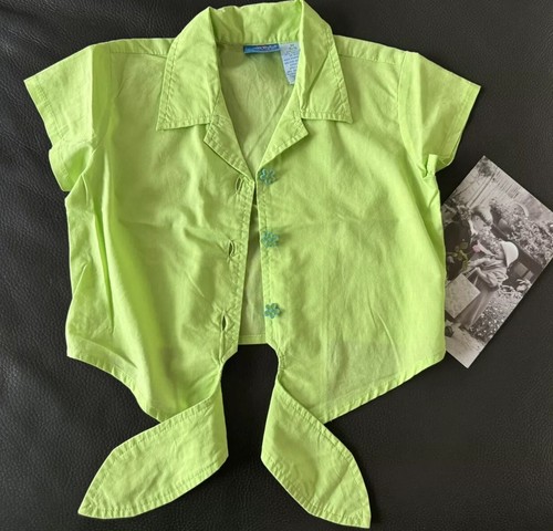 Y2K Vintage 90s Girls M (5/6) Babydoll Cropped Button-Up Top Blouse Lime - Picture 6 of 15