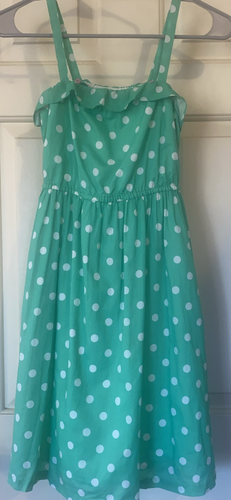 Mini Boden girls dress 11-12 green polka dot sleeveless lined ruffled Easter