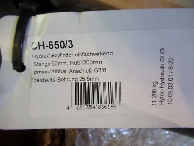 Einfachwirkender Hydraulikzylinder  Hub 300mm Druckkraft 39,3kN  CH-650/3
