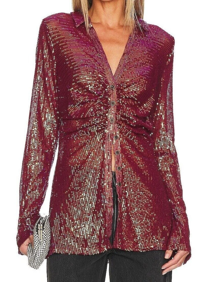 Free People Top Blouse Size UK XS 4 - 6 Sequin Shirtee Semi Sheer Sexy Rhubarb - Image 4 of 4