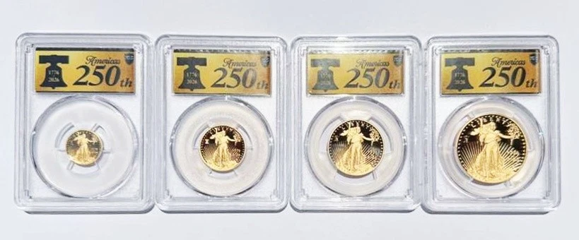 2026-W Proof Gold Eagle 4-Coin Set Liberty Bell 250th Privy PCGS PR70/69 DCAM FS