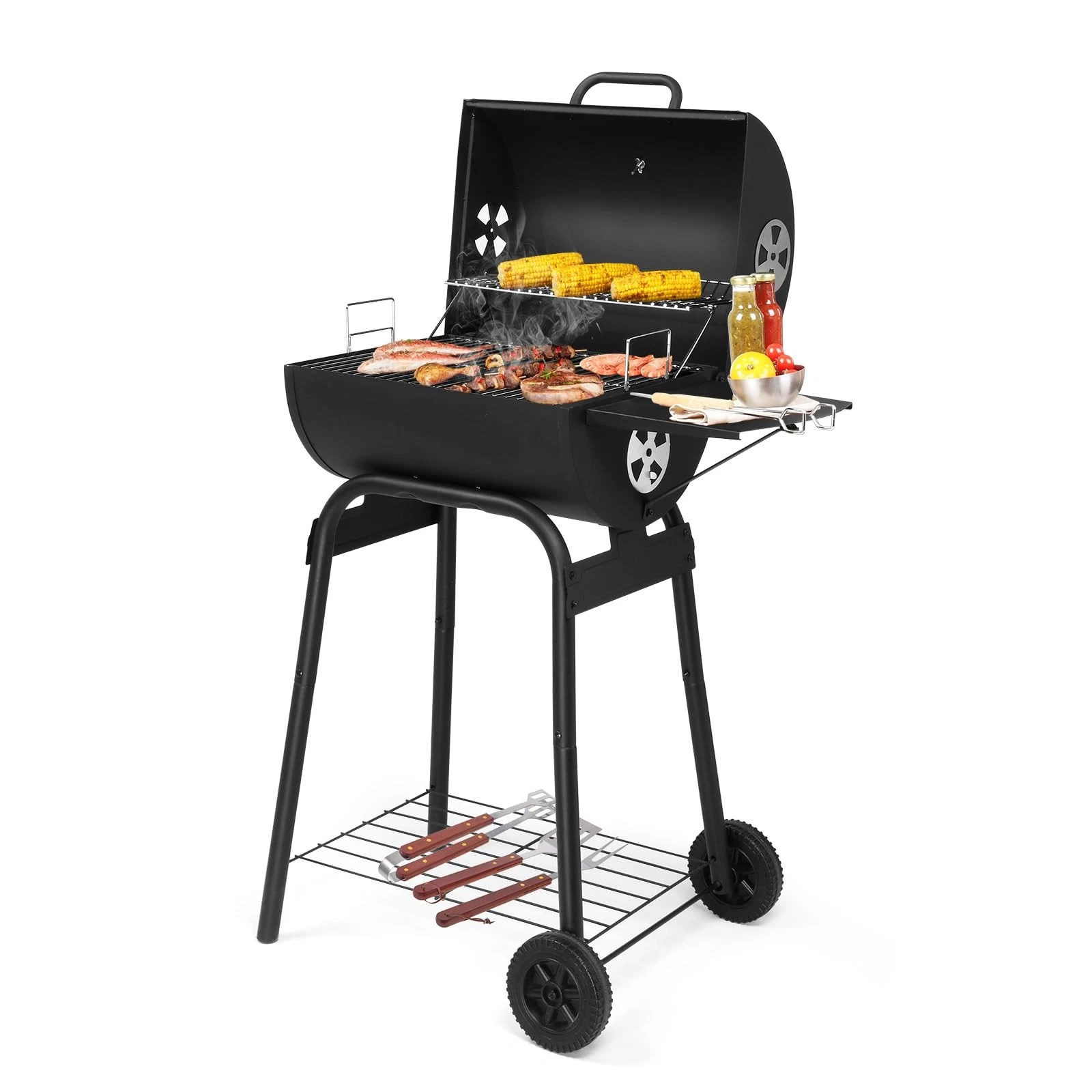 Portable Outdoor BBQ Charcoal Grill 500 Sq. In with Side Table & Wheels
