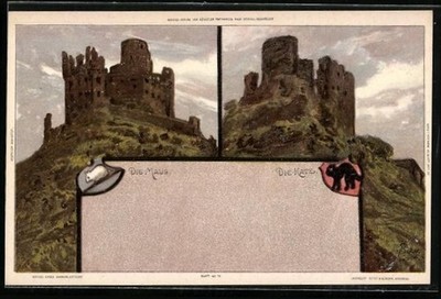 Künstler-AK Carl Biese: Burg Katz und Burg Maus mit Wappen 