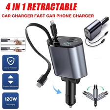 Retractable Car Charger 4in1 Fast Car Phone Charger 120W USB+Type C Cable lot