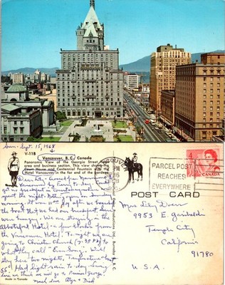 Vancouver BC Canada Postcard Georgia Street Hotel and Centennial Fountain View