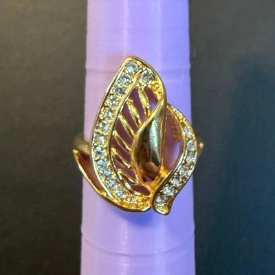 TJ FallonJewelry Gold Leaf Ring Rhinestone Size 8.5